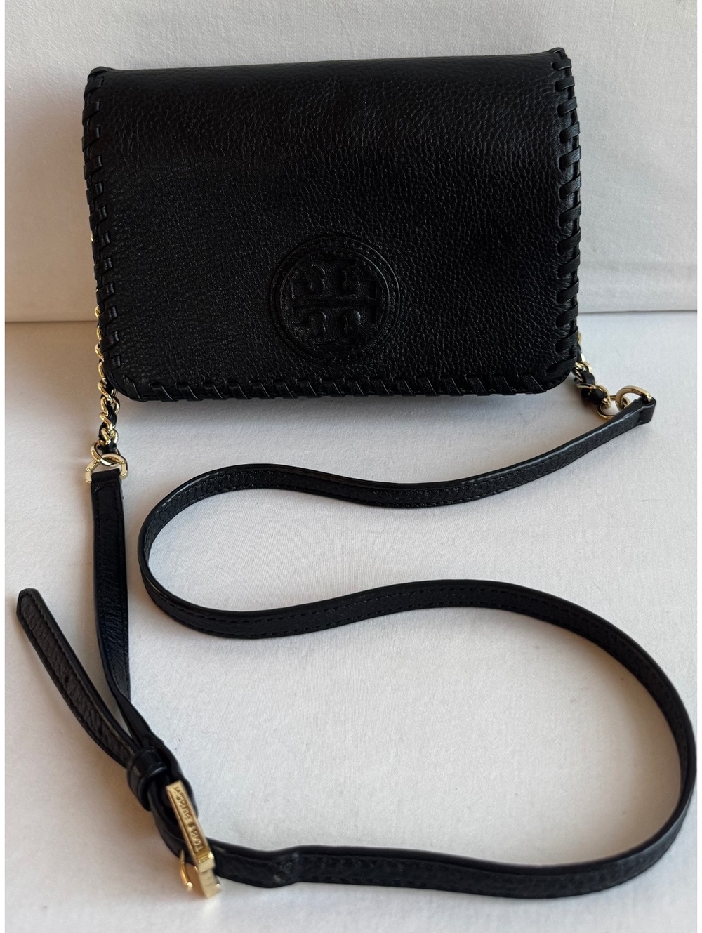 Tory Burch Marion Whipstitch Black Pebbled Leather Crossbody Bag Gold Chain